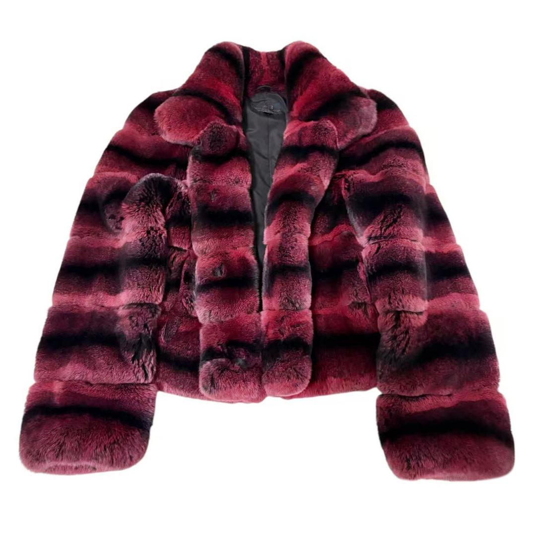 美品　リアルファーコート　毛皮　ラビットファー　彩り鮮やか　ボリューム　柔らか