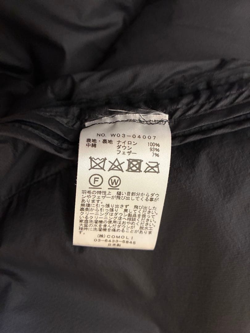 COMOLI DOWN VESTダウンベスト22AW サイズ1 BLACK