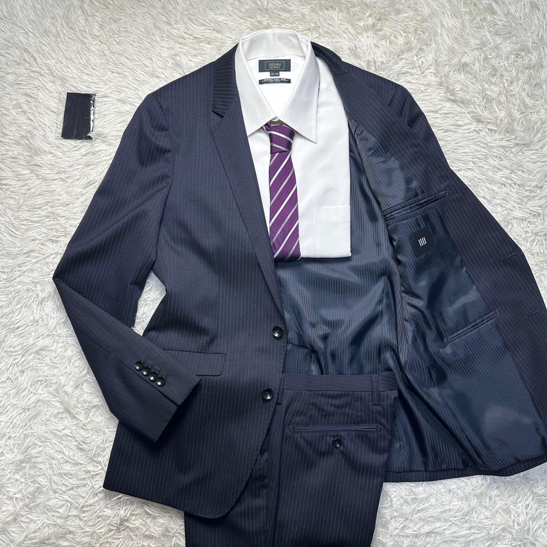 未使用級 スーツセレクト セットアップ ウール混 ネイビー 共布ボタン有 A6