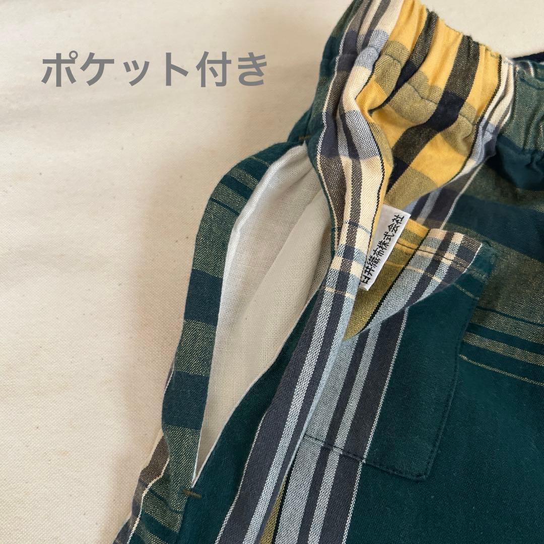 【匿名発送】SOU・SOU 広形もんぺ 伊勢木綿20/20二筋布団縞深緑色×藤黄