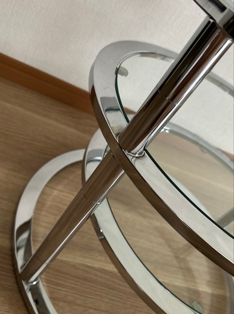 ミッドセンチュリー　北欧ラウンドテーブル3段ガラススライドテーブル☆たのメル便