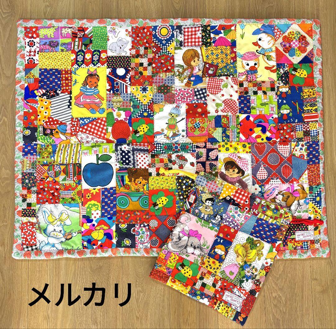 ハンドメイド❇大きめビンテージレトロアニマルパッチワークマットと巾着セット