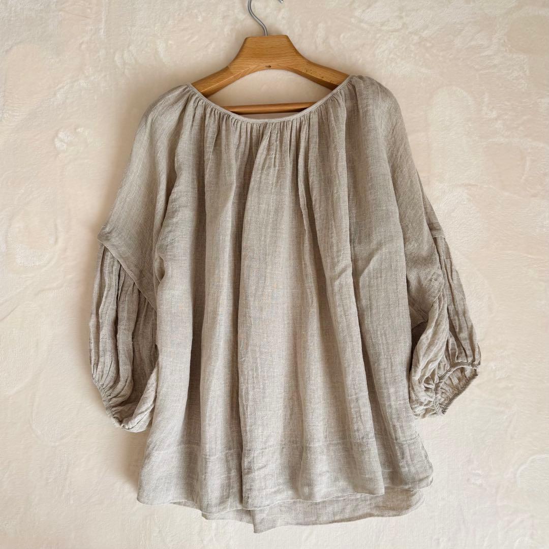 【美品】ハグオーワー リネン ガーゼ バルーン スリーブブラウス チュニック