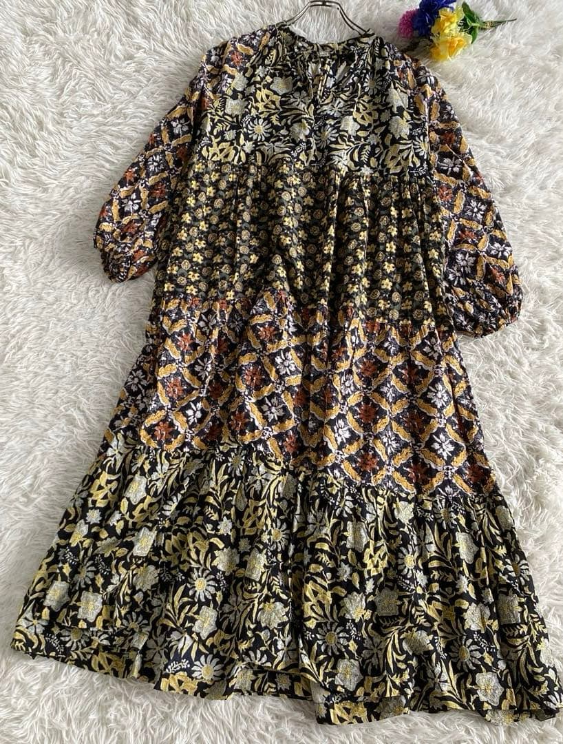 つぶつぶフリーダ　ワンピース　インド四段パッチワークティアードワンピース