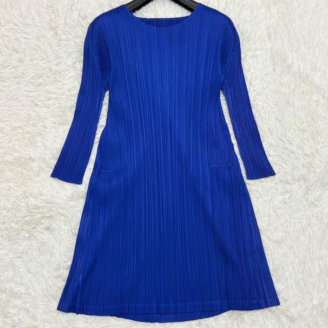 プリーツプリーズ イッセイミヤケ プリーツ 長袖ワンピース 青 ブルー サイズ3