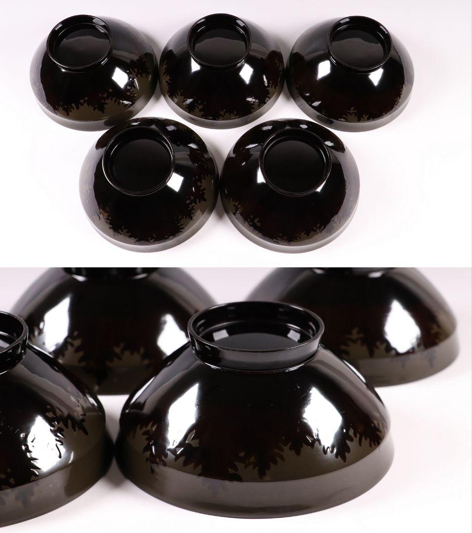 CL16 時代木製漆器 森に鳥 金蒔絵 吸物椀 五客 黒塗 朱塗 闇絵