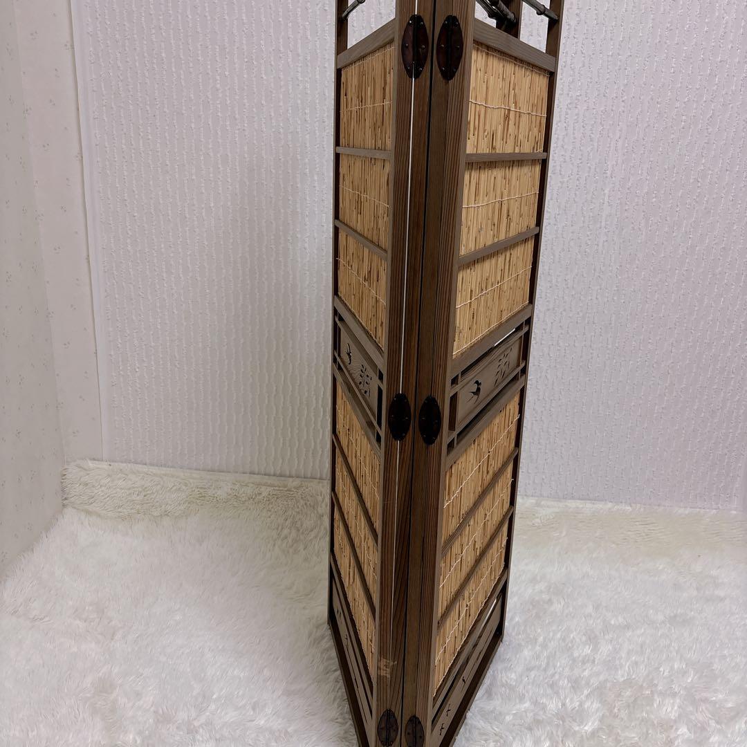 昭和レトロ 竹簾 屏風 衝立 4連 パーテーション 目隠し 四つ折り 透かし彫り