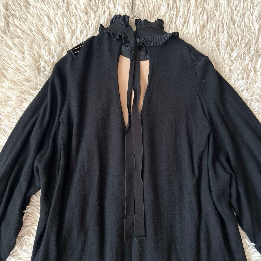 FENDIフェンディ　 ウールハイネックチュニック フリル透かしメッシュ刺繍