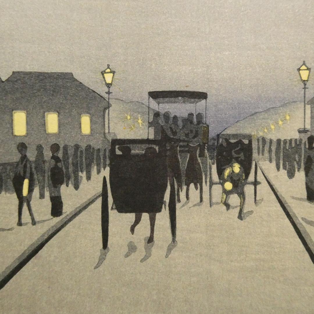 小林清親　光線画　手摺木版画　代表作 「日本橋夜」　浮世絵と西洋画の融合