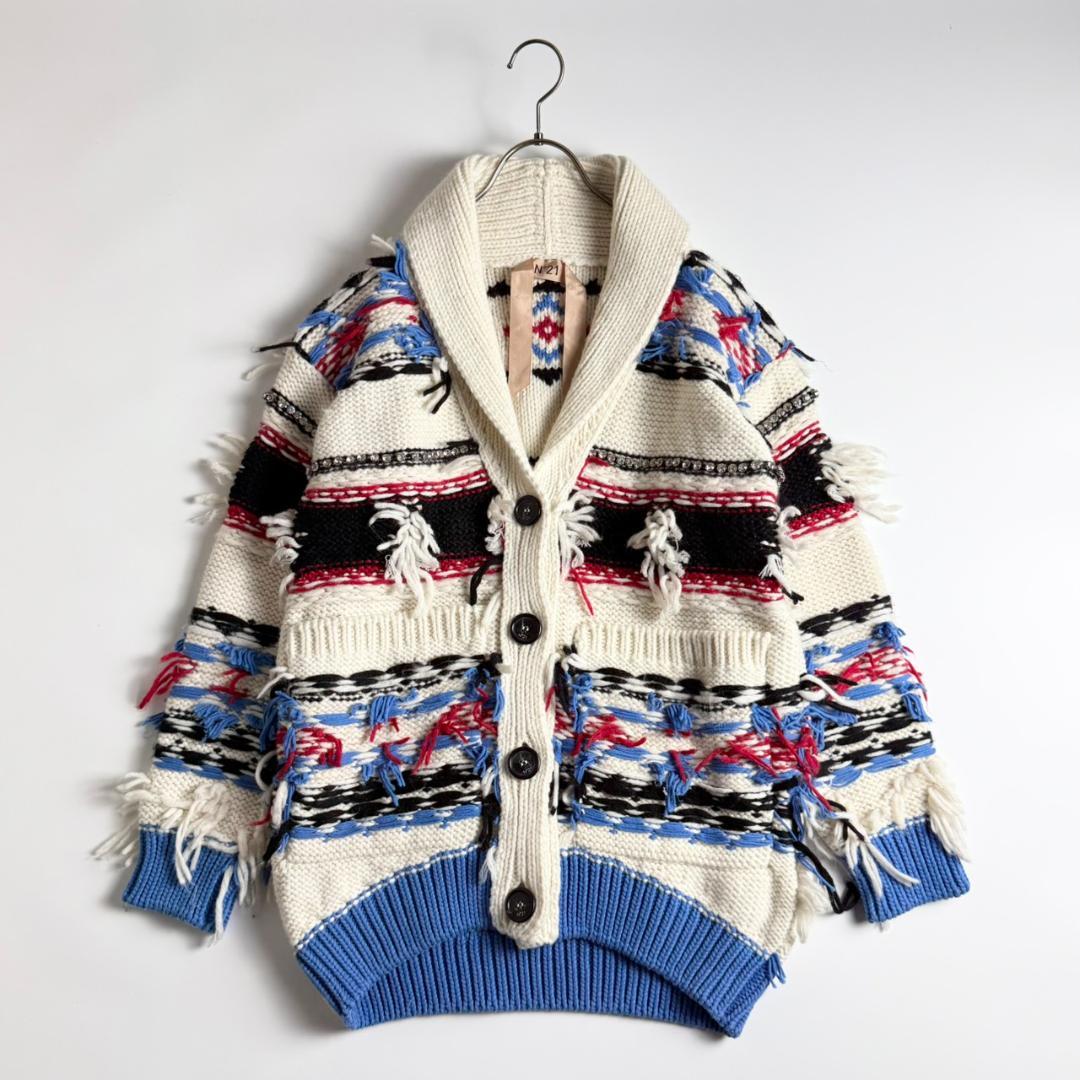美品　N°21　モヘヤ混　フェアアイル　ビジュー　ショールカラー　カーディガン