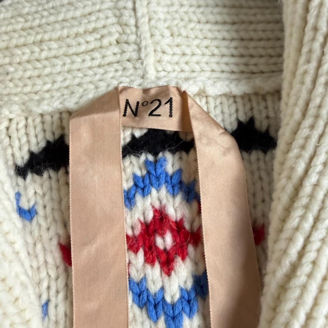 美品　N°21　モヘヤ混　フェアアイル　ビジュー　ショールカラー　カーディガン