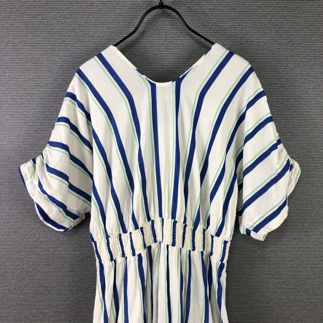 ヌキテパ コットンボイル ストライプ ウエストギャザードレス S ベージュ