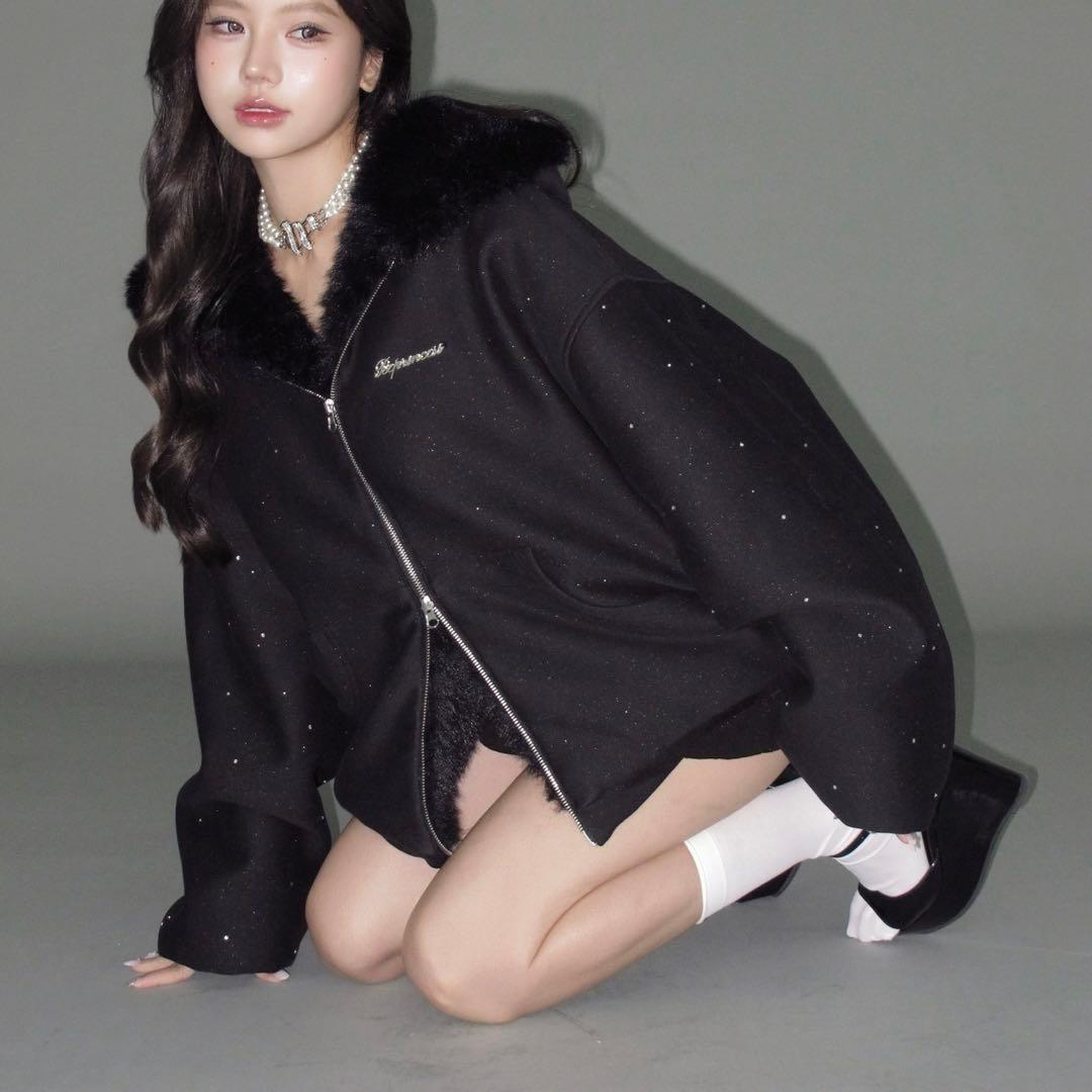 トップス ANDWANG Kirakira 2way fur zip up BLACK