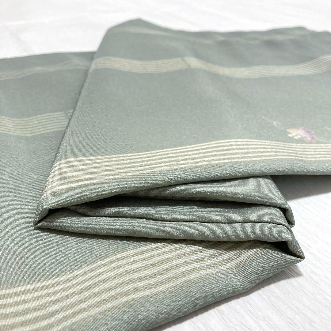 【美品✨】東レシルック　洗える着物　小紋　裏柳色　蔦と実　縦縞　手縫い仕立てP1