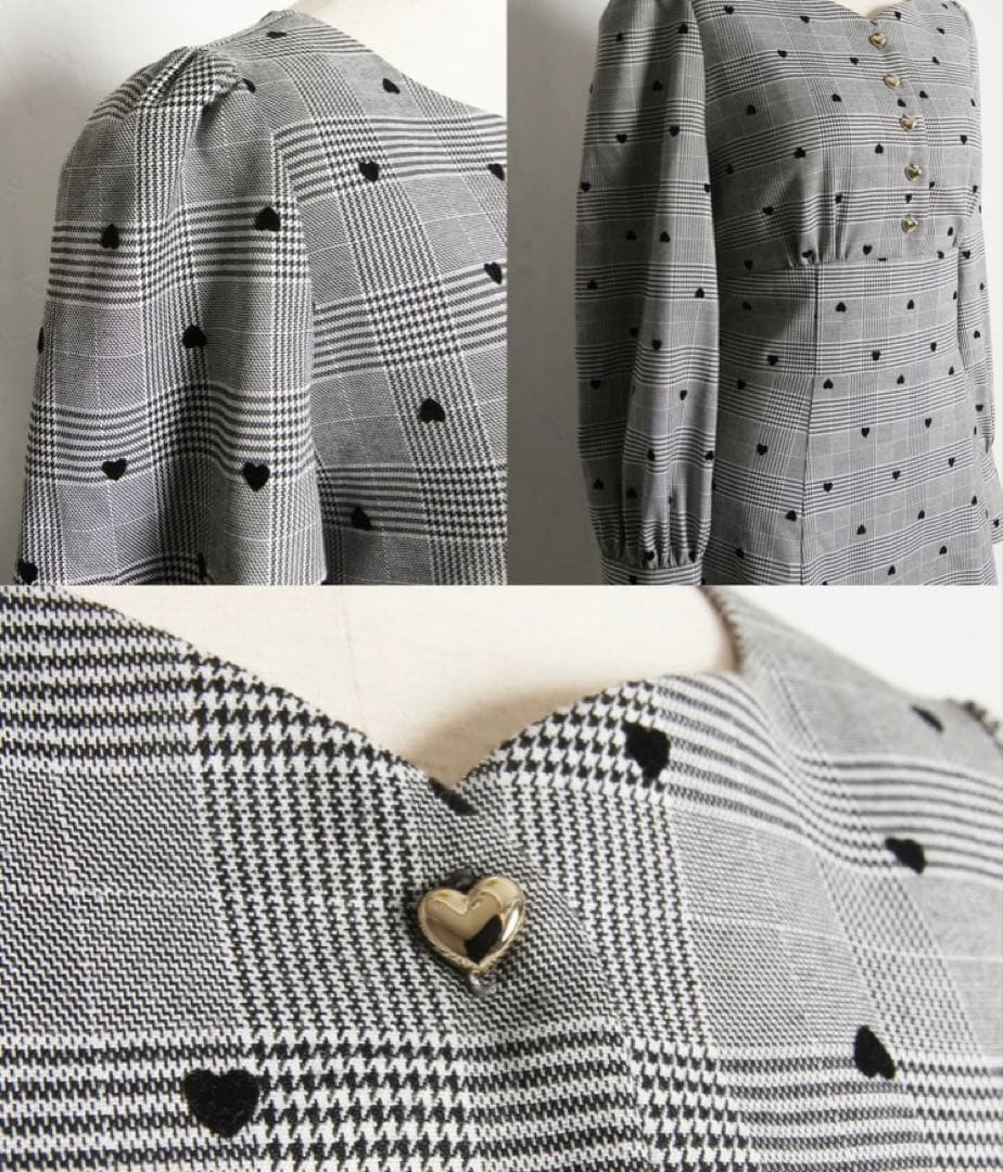 【新品】ハート釦バックレースアップハートフロッキー×チェックワンピース