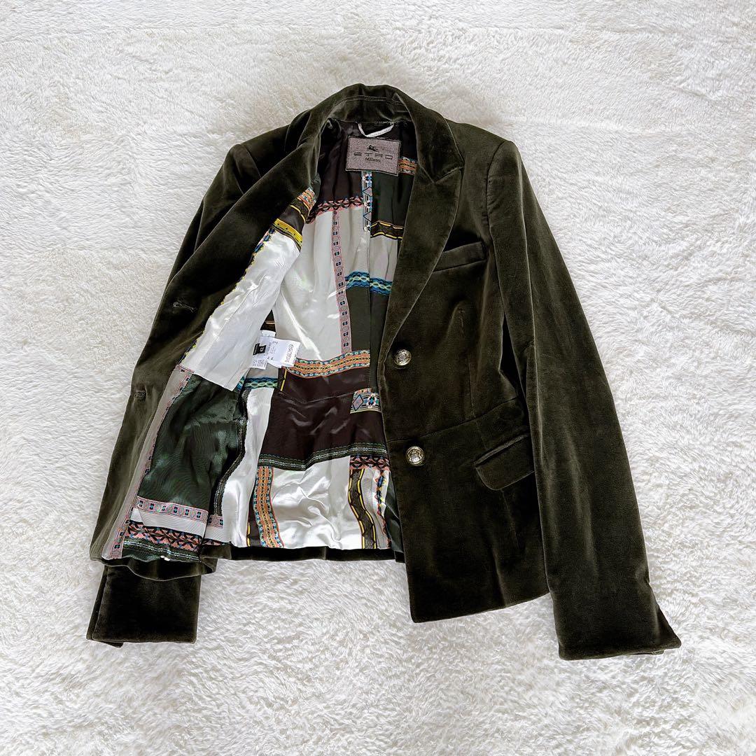 希少✨【エトロ】ベロア テーラードジャケット ダークグリーン 裏地総柄 42