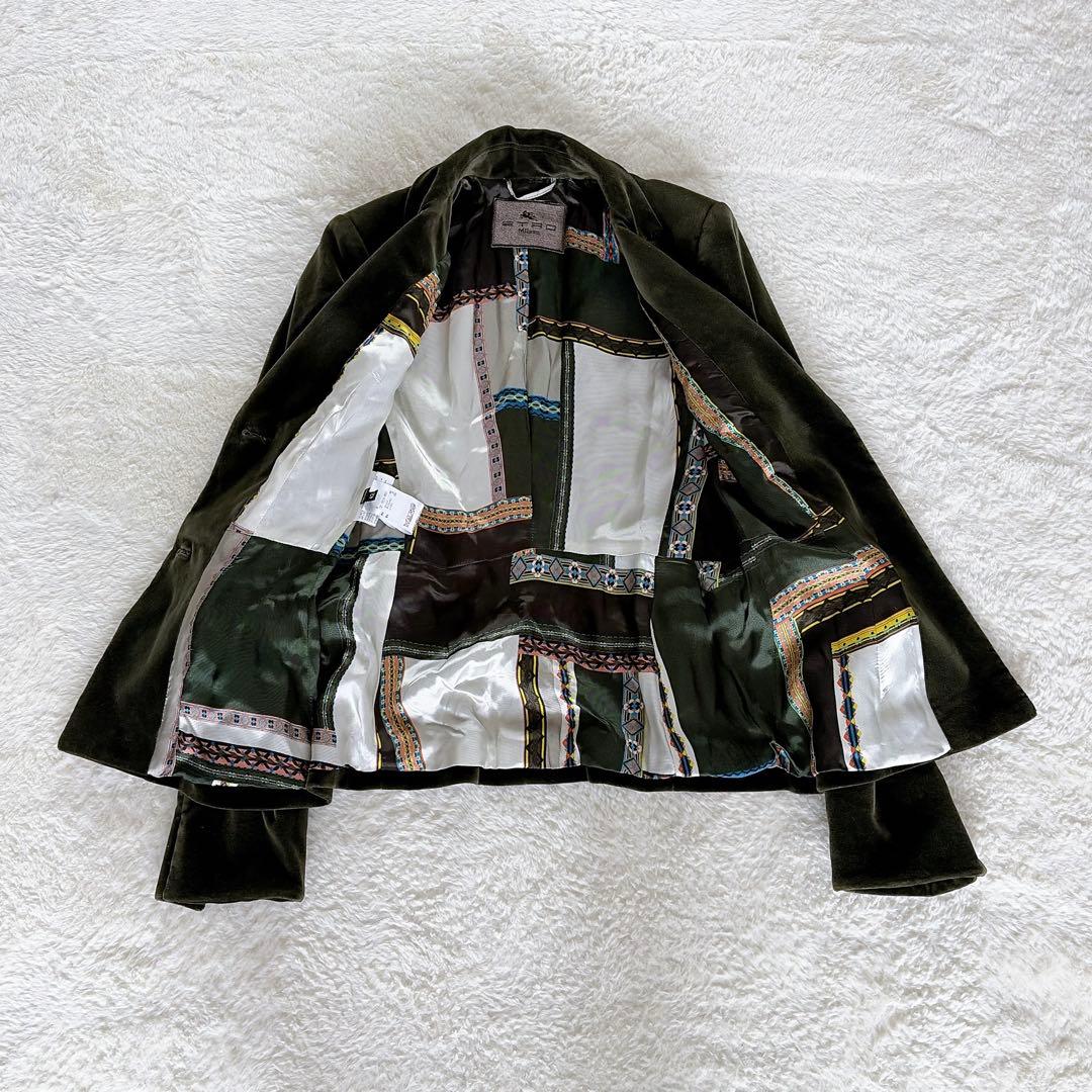 希少✨【エトロ】ベロア テーラードジャケット ダークグリーン 裏地総柄 42