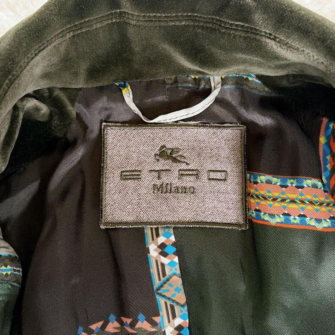 希少✨【エトロ】ベロア テーラードジャケット ダークグリーン 裏地総柄 42