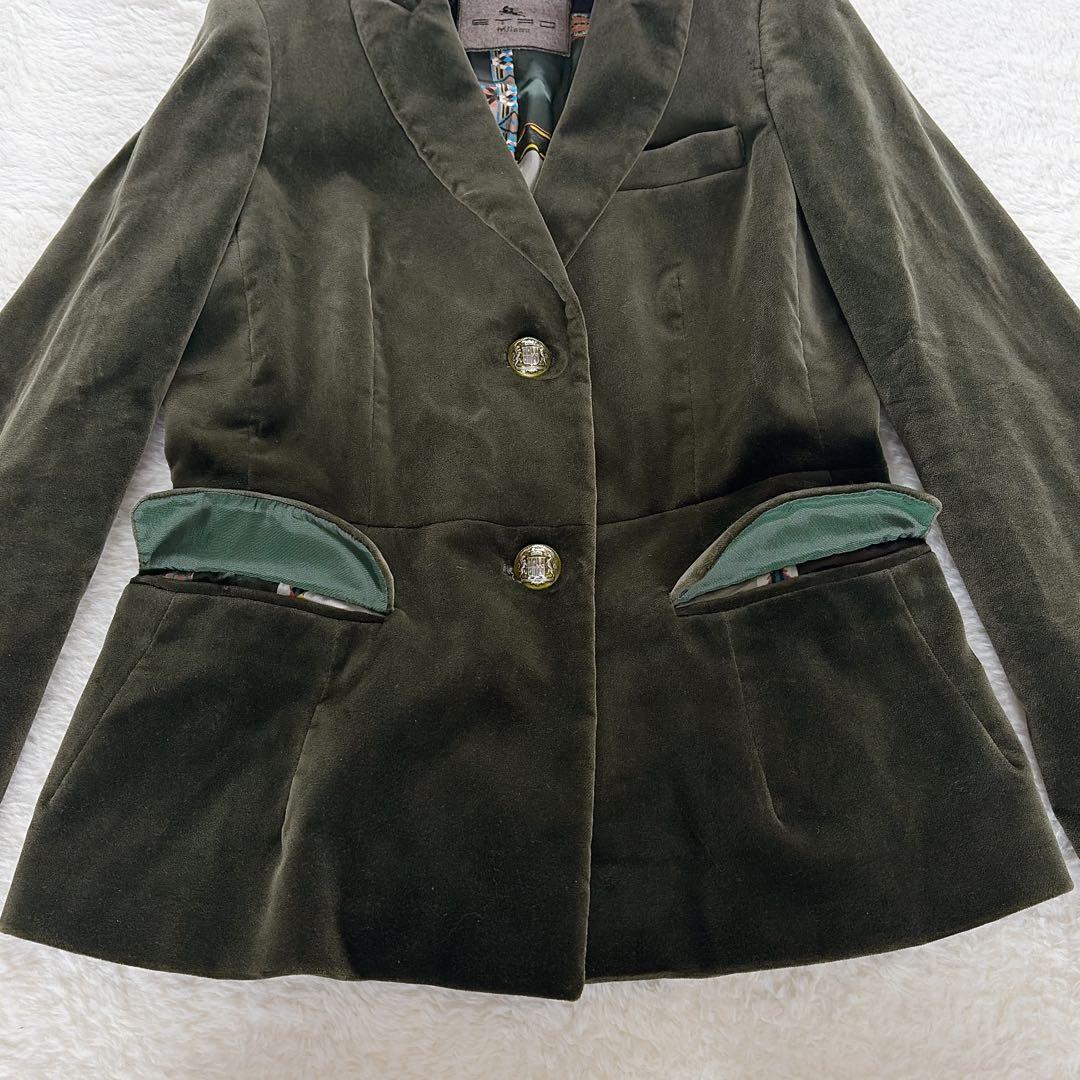 希少✨【エトロ】ベロア テーラードジャケット ダークグリーン 裏地総柄 42