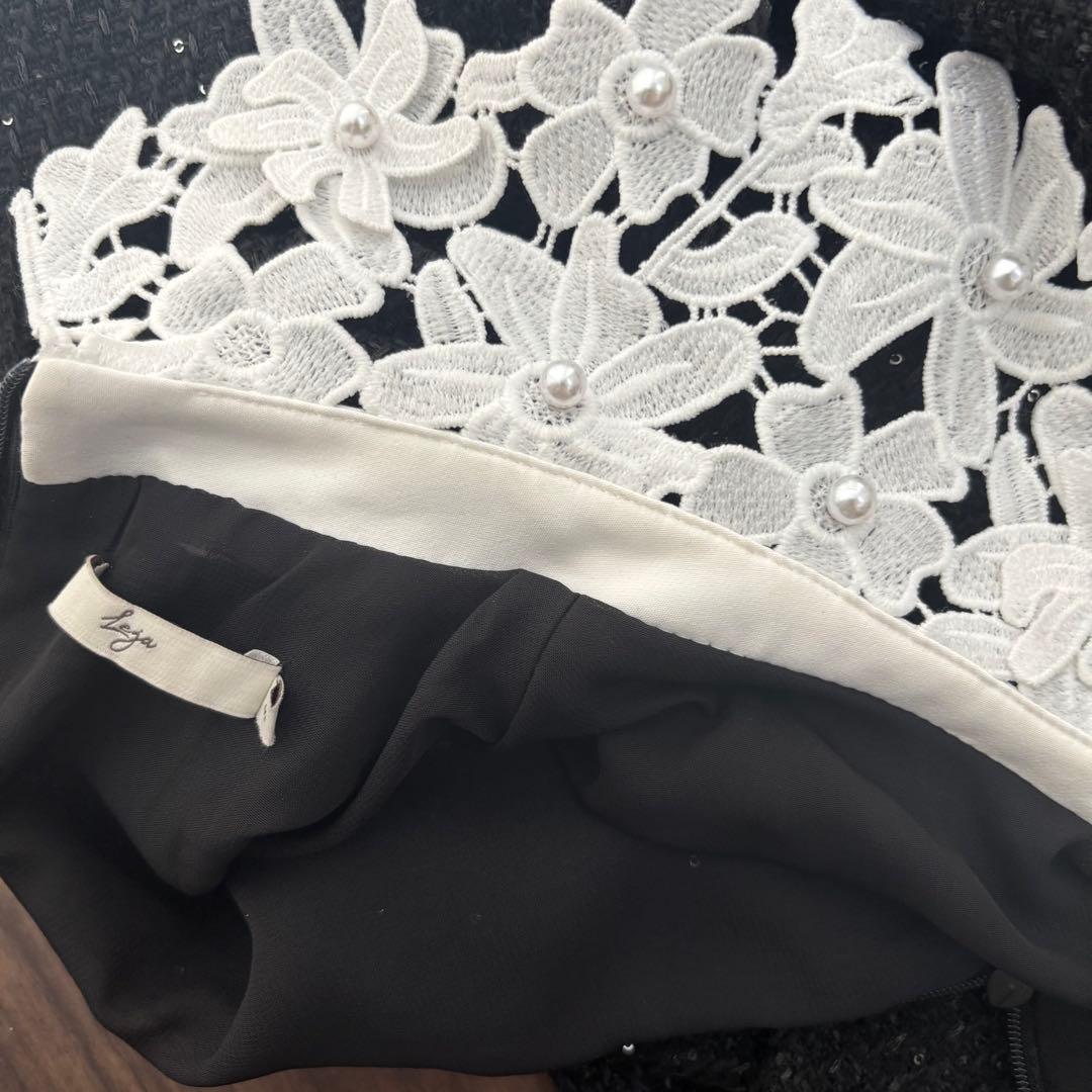 【LEJA】S 花柄スパンコールフレアドレスワンピース　ブラック