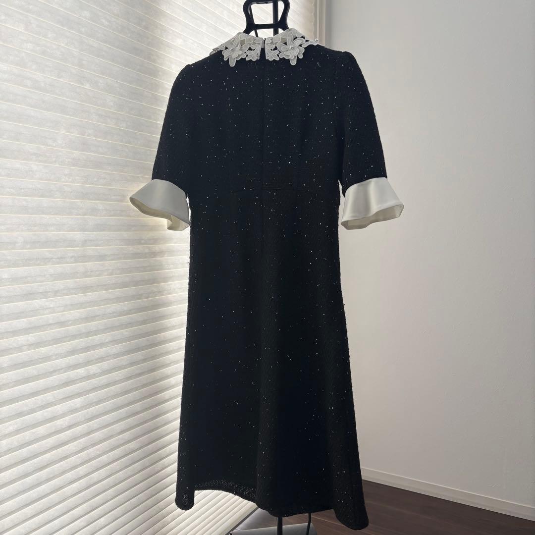 【LEJA】S 花柄スパンコールフレアドレスワンピース　ブラック