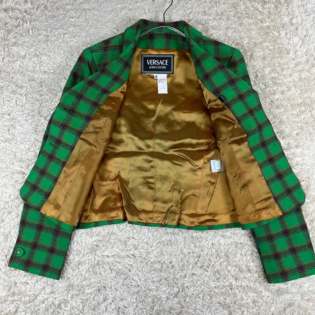 美品 ヴェルサーチ 短丈 メデューサボタン チェック柄 テーラードジャケット