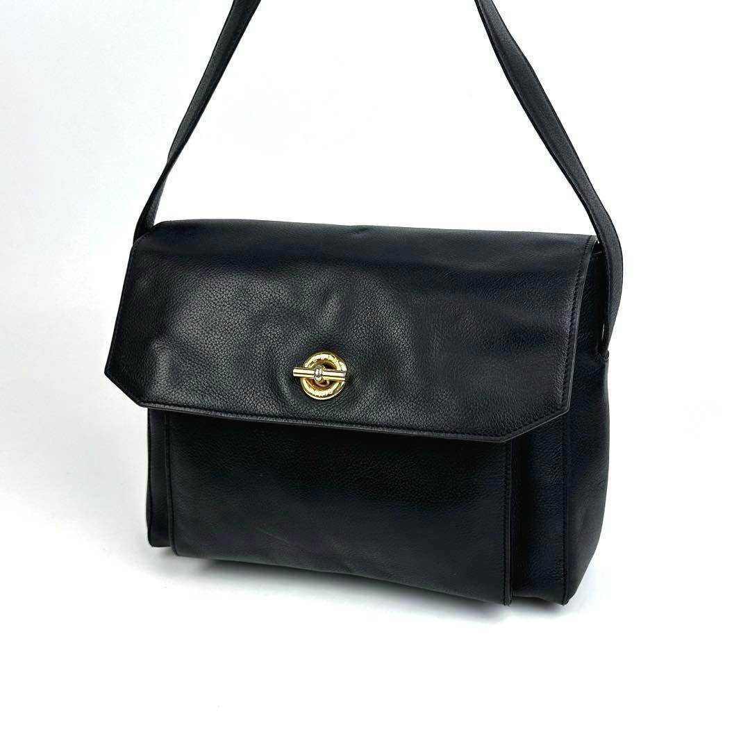 美品■セリーヌ ガンチーニ ショルダーバッグ サークルロゴ レザー ブラック系