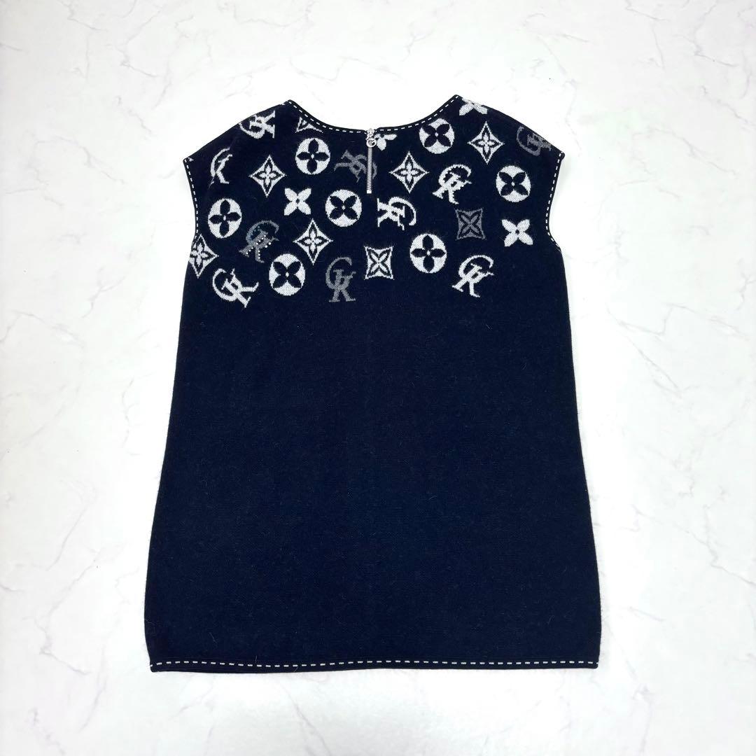 【大きいサイズ カシミヤ混】伊太利屋 モノグラム チュニック ラインストーン 紺