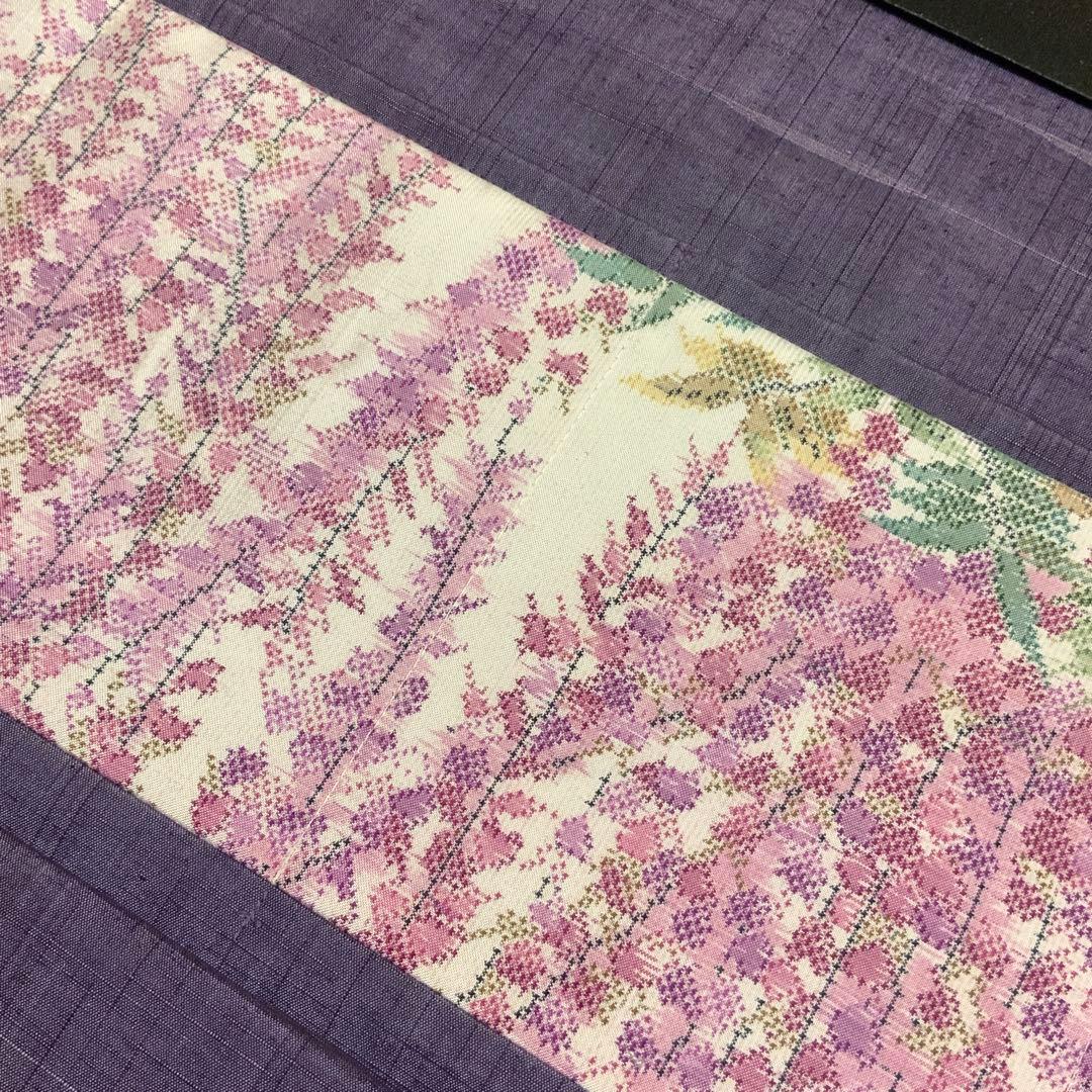 大島紬　満開の藤の花　リメイク　胡桃皮ハンドルバッグ