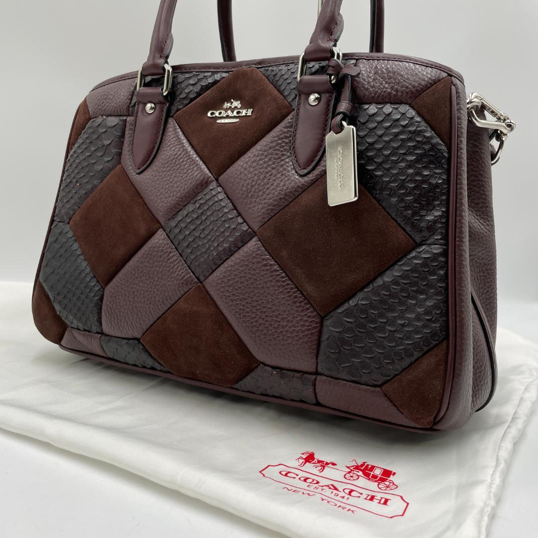 美品 COACH ハンドバッグ レザー ゴールド パッチワーク パイソン