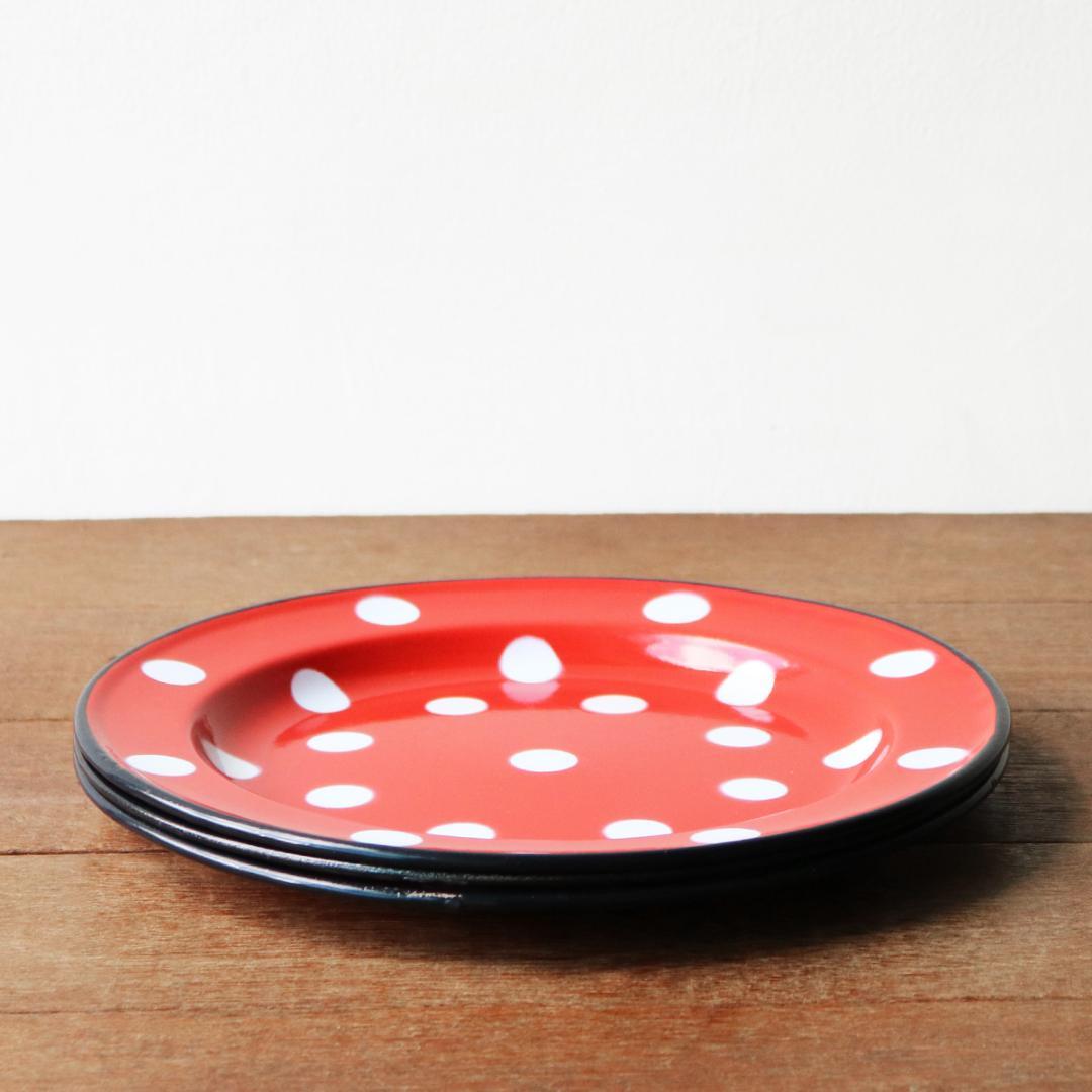 フランス アンティーク ホーロー ポルカドット プレート 24cm 3枚