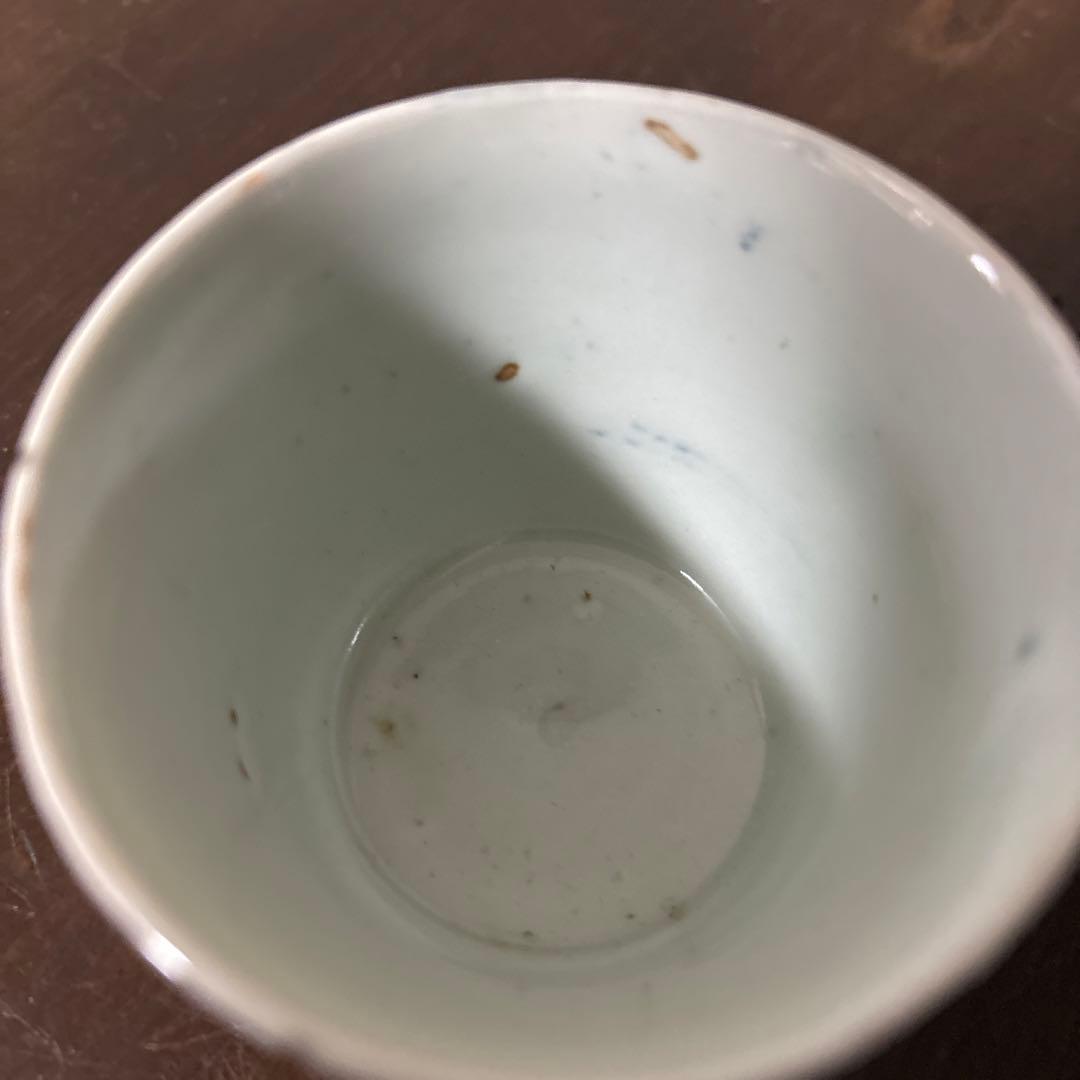 古伊万里染付　格子縞　蔓草文　蕎麦猪口　江戸初期.前期　盃　アンティーク　李朝