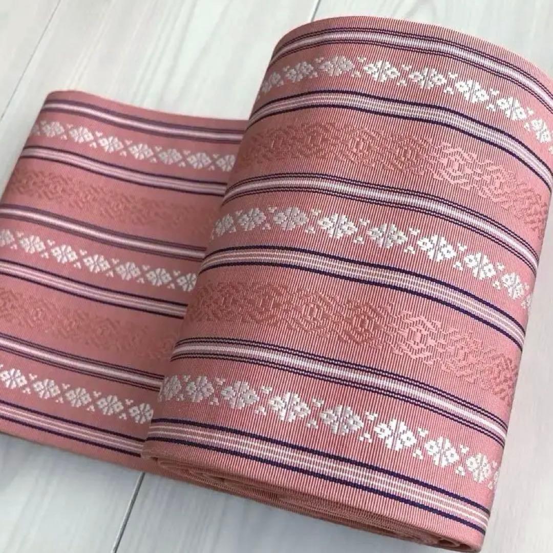 本場筑前博多織　半幅帯　縞模様　正絹　ピンクベージュ　No.7-22