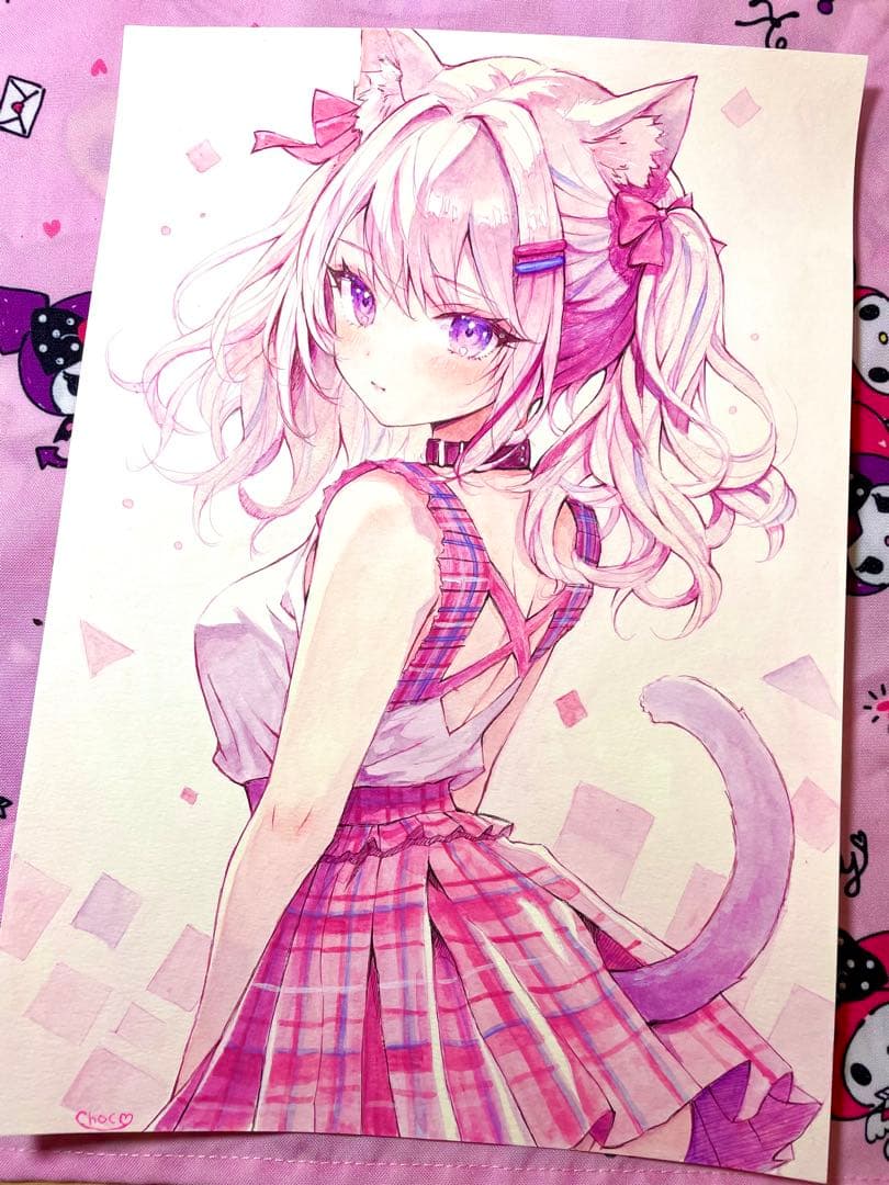 し*こ様 ♡ オリジナル　手描きイラスト　ピンク猫さん　Ａ４ アナログイラスト