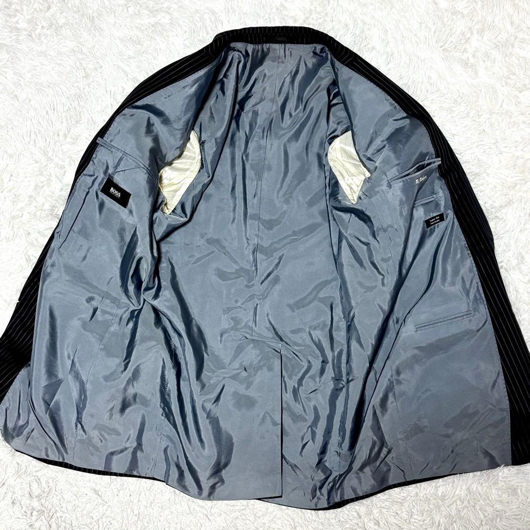 【極美品】ヒューゴボス　スーツ　セットアップ ブラック　ストライプ　シルク混　L