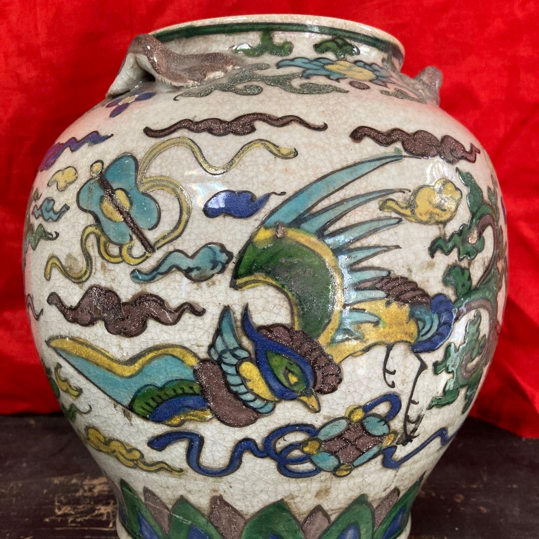 中国　色絵　三耳壺　鳳凰図