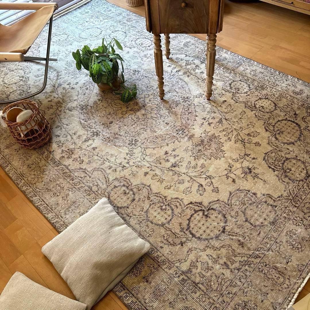 超大判168×263ナチュラルクリームブラウン　メダリオントルコヴィンテージラグ