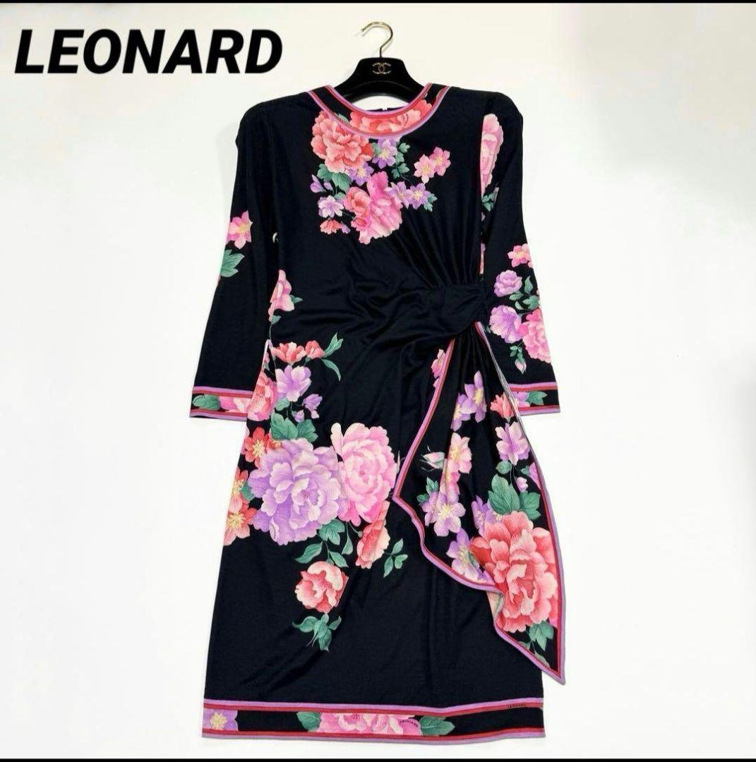 【美品✨】レオナール　ワンピース　花柄　ボタニカル　トリム　ウール　シルク　38