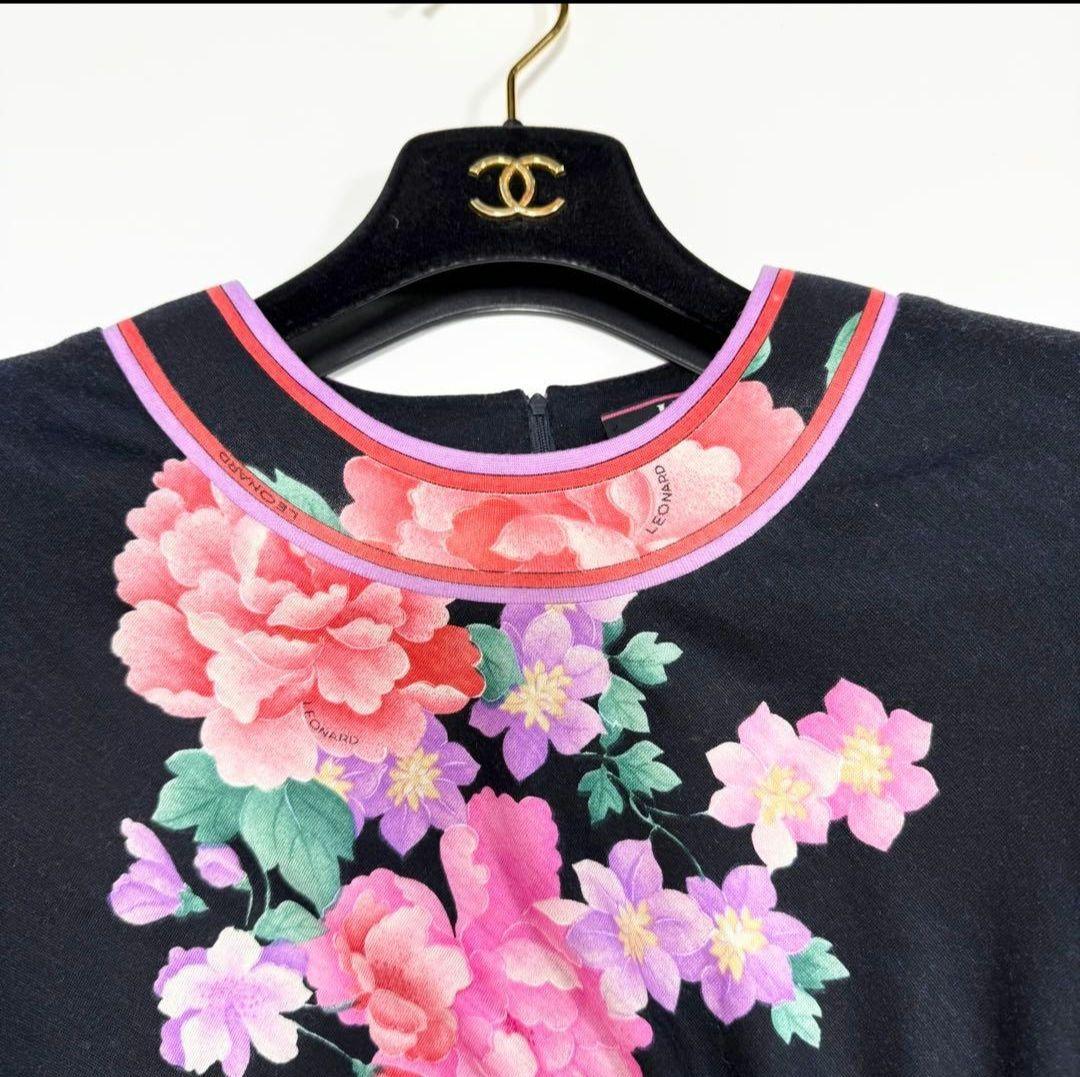 【美品✨】レオナール　ワンピース　花柄　ボタニカル　トリム　ウール　シルク　38