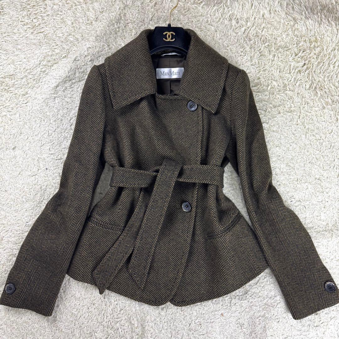 最高級★マックスマーラ コート ツイード ヘリンボーン ベルト カシミヤ 42