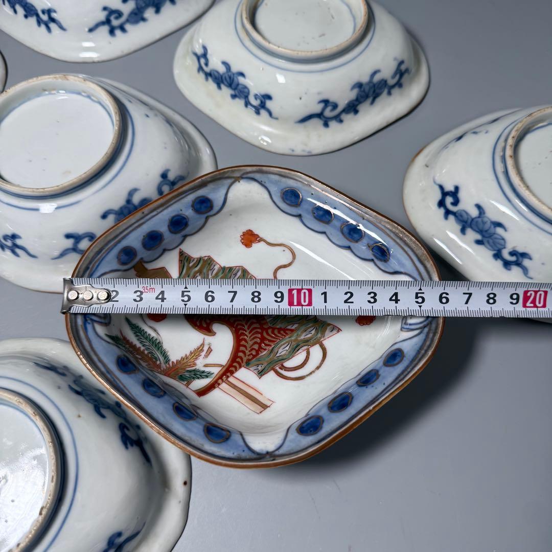 明治時代　色絵扇子文様菱形皿　10客　蝶　植物　古伊万里　アンティーク　食器