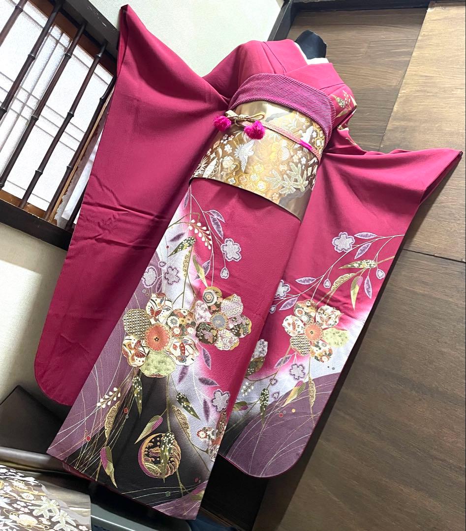 振袖 フルセット6点サイズM〜Ｌ刺繍　吉祥花蝶文　暈し染め　金糸　金彩　正絹