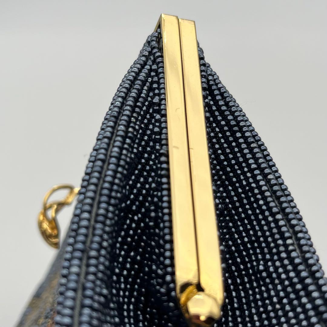 高級ビーズバッグ 新品未使用 がま口 チェーン ブラック系 刺繍 ビンテージ