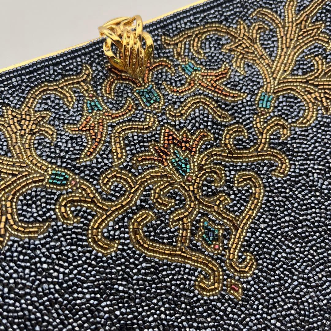 高級ビーズバッグ 新品未使用 がま口 チェーン ブラック系 刺繍 ビンテージ