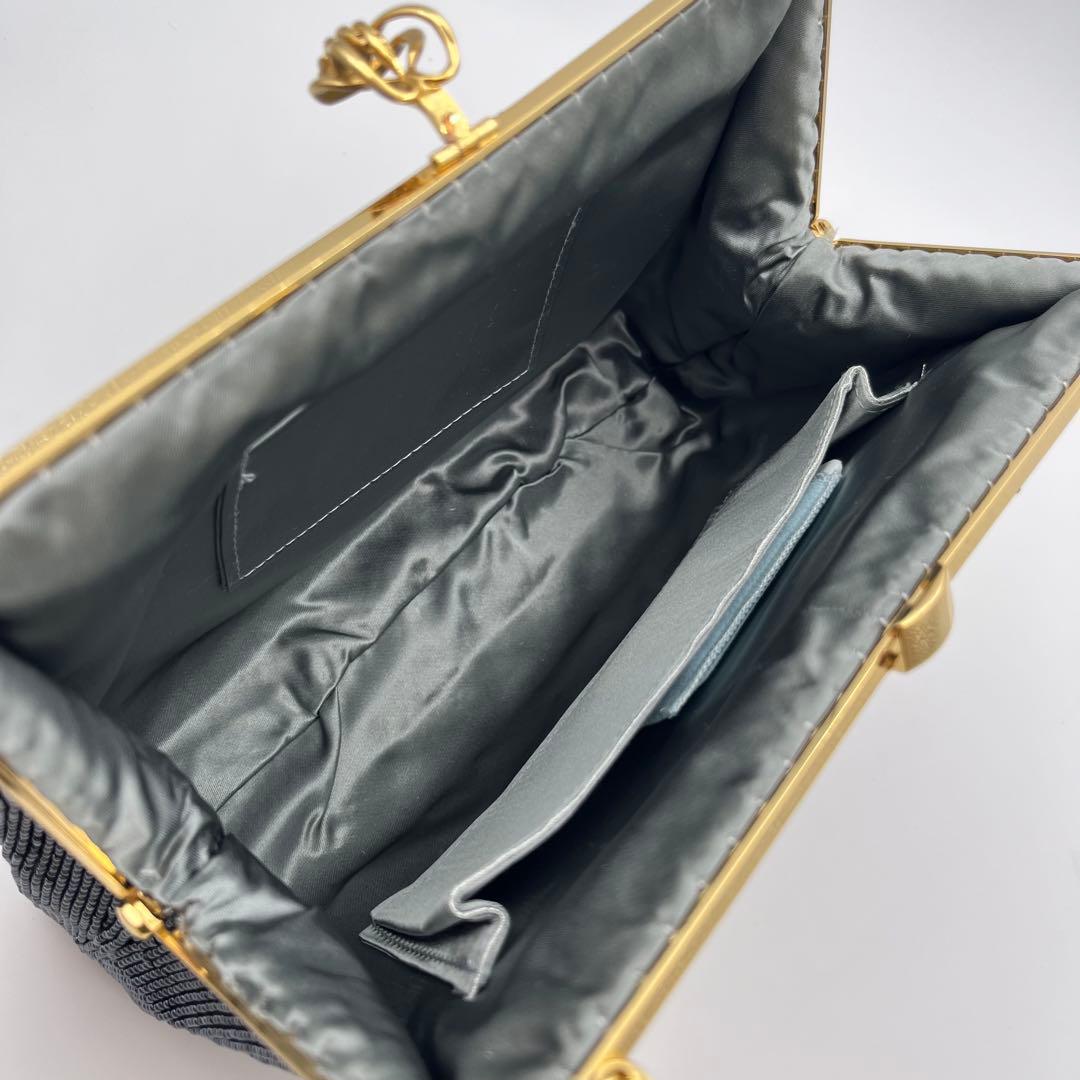 高級ビーズバッグ 新品未使用 がま口 チェーン ブラック系 刺繍 ビンテージ