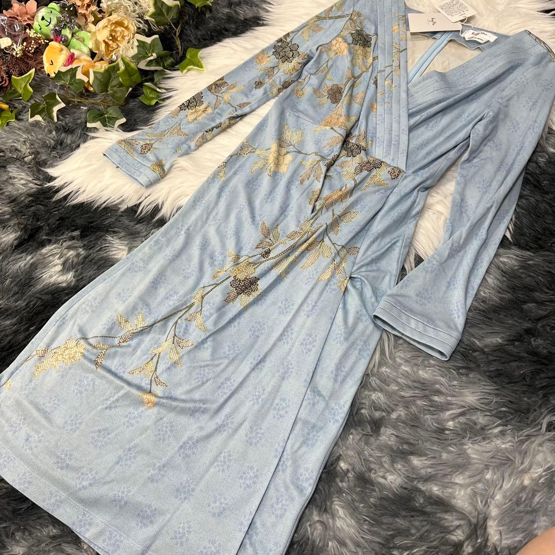 kay me シルク100%花あさぎ ワンピース 11号　定価8万　未使用タグ付