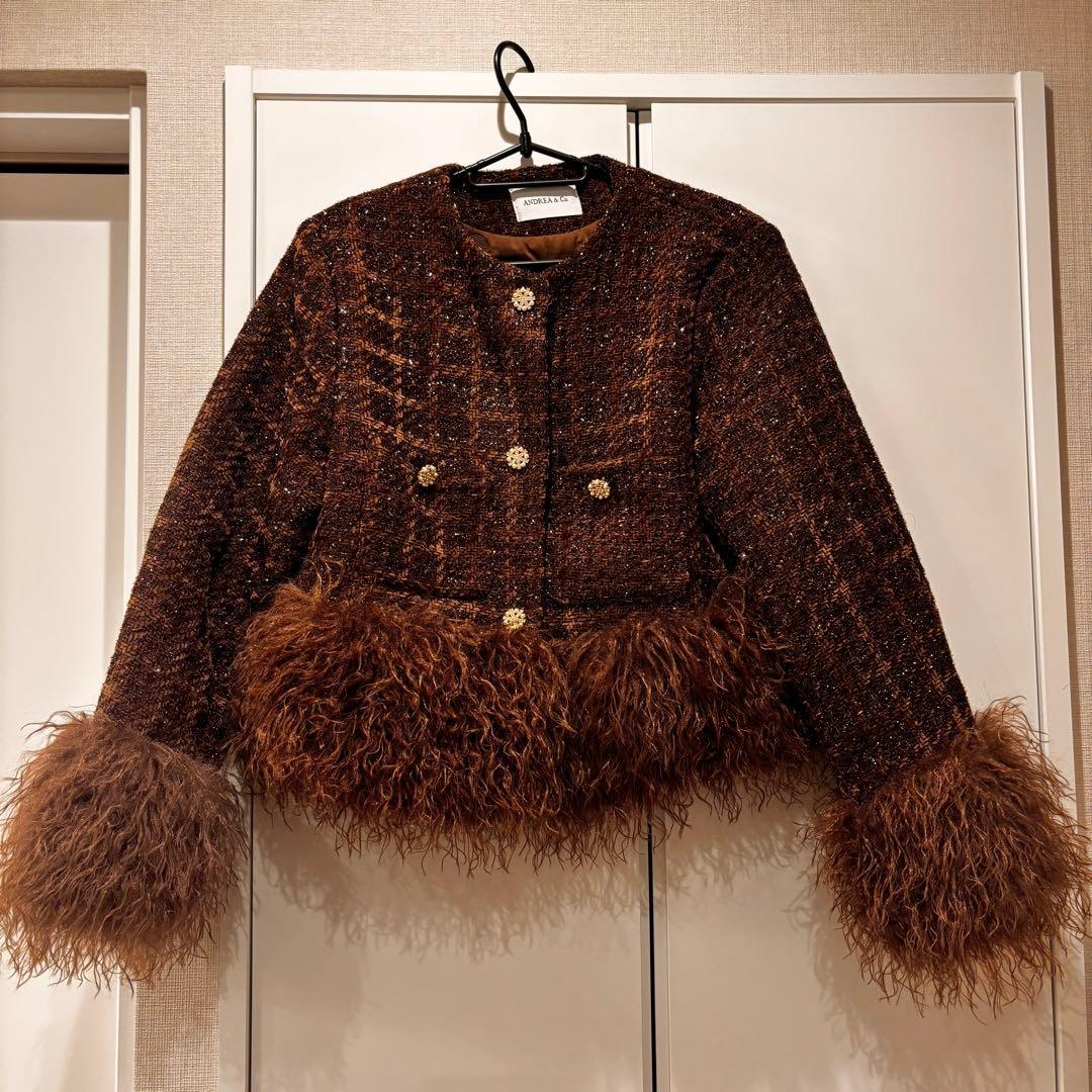 アンドレアアンドコー ツイードファージャケット ノーカラーコート ブラウン