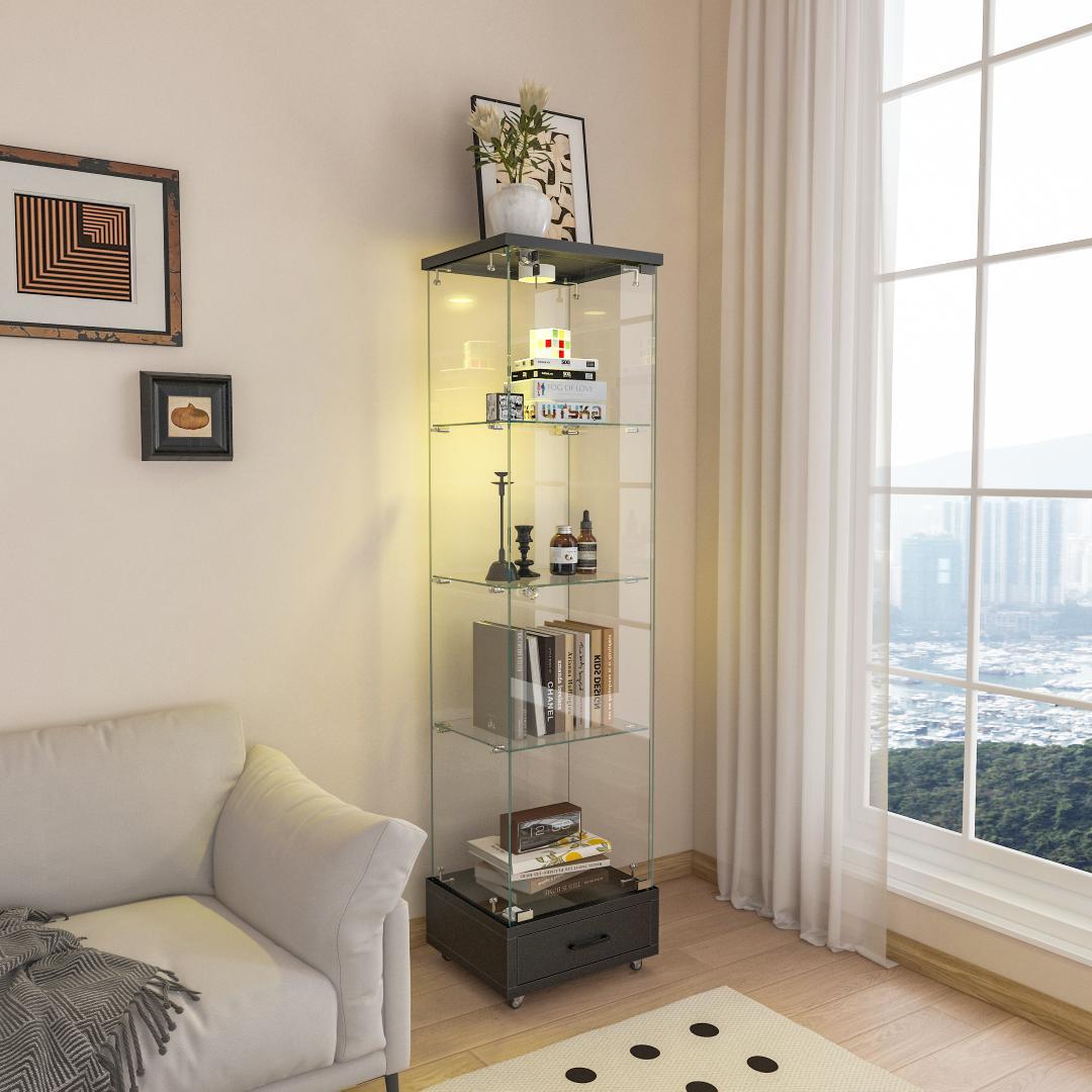 LED照明＆引き出し付き ガラスディスプレイキャビネット 鍵付き強化ガラス収納