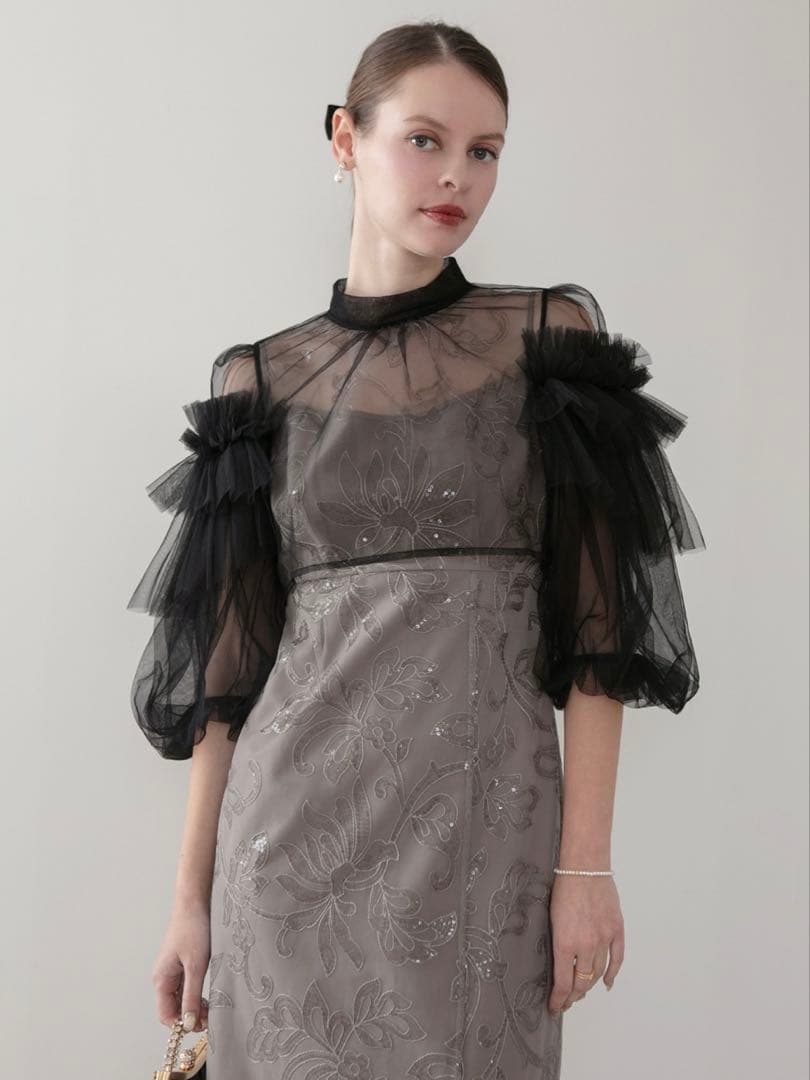 フリルチュールスパンコールフローラルIラインワンピースドレス結婚式二次会成人式