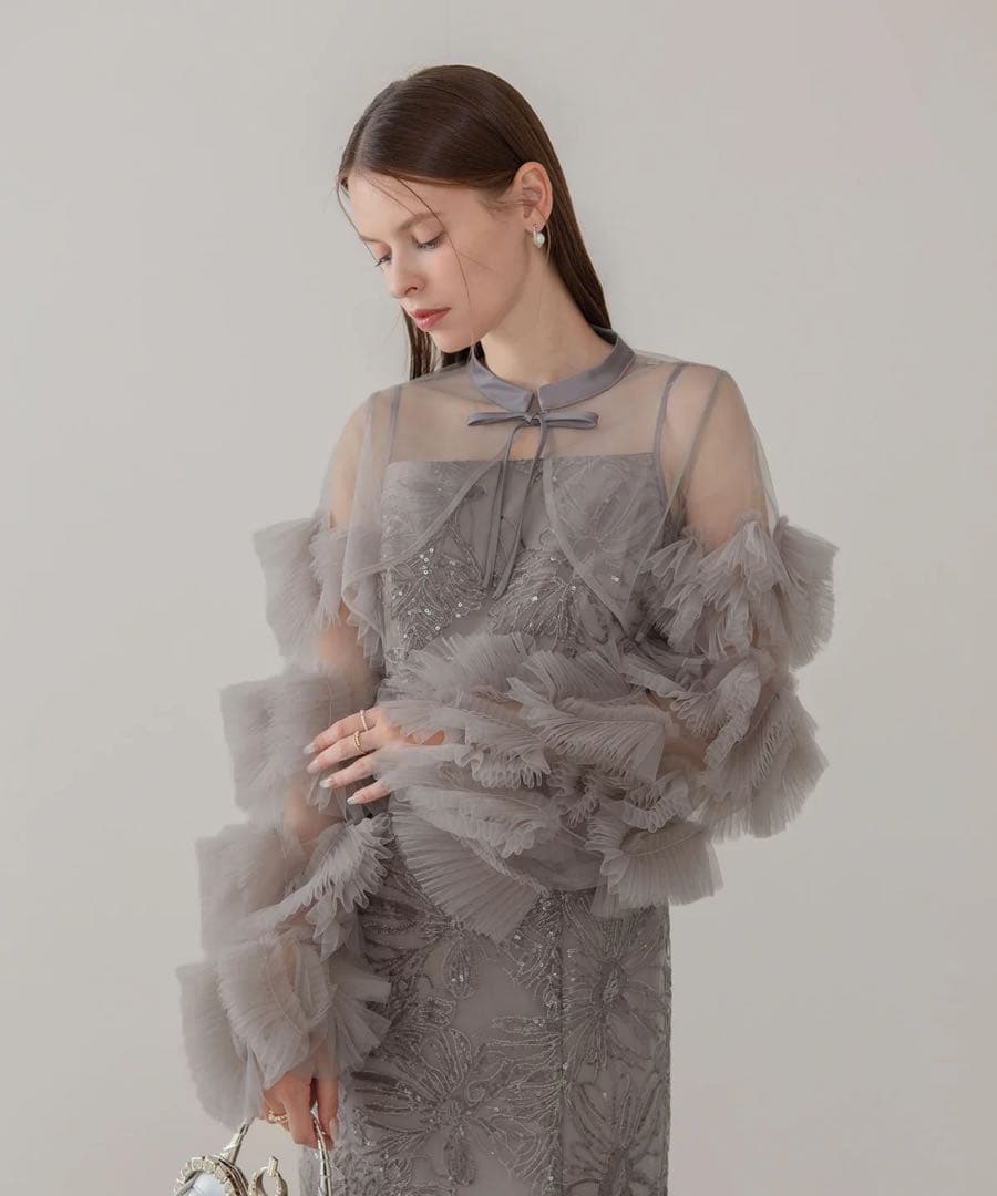 LEJA 新品タグ付きフリルチュールスリーブリボンIラインワンピースドレス